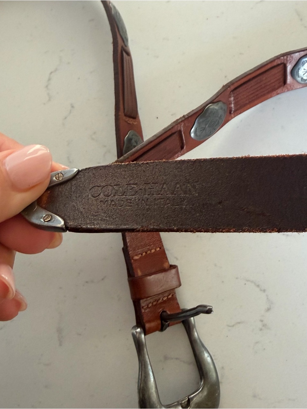 Vintage Cole Haan Brown Genuine Leather Belt Men's Sz 34 Brass Buckle Made Italy - Picture 5 of 6